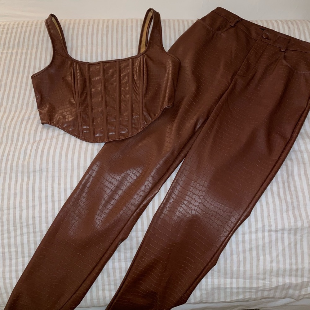 Missguided Brown Croc Leather Pants and Corset Set